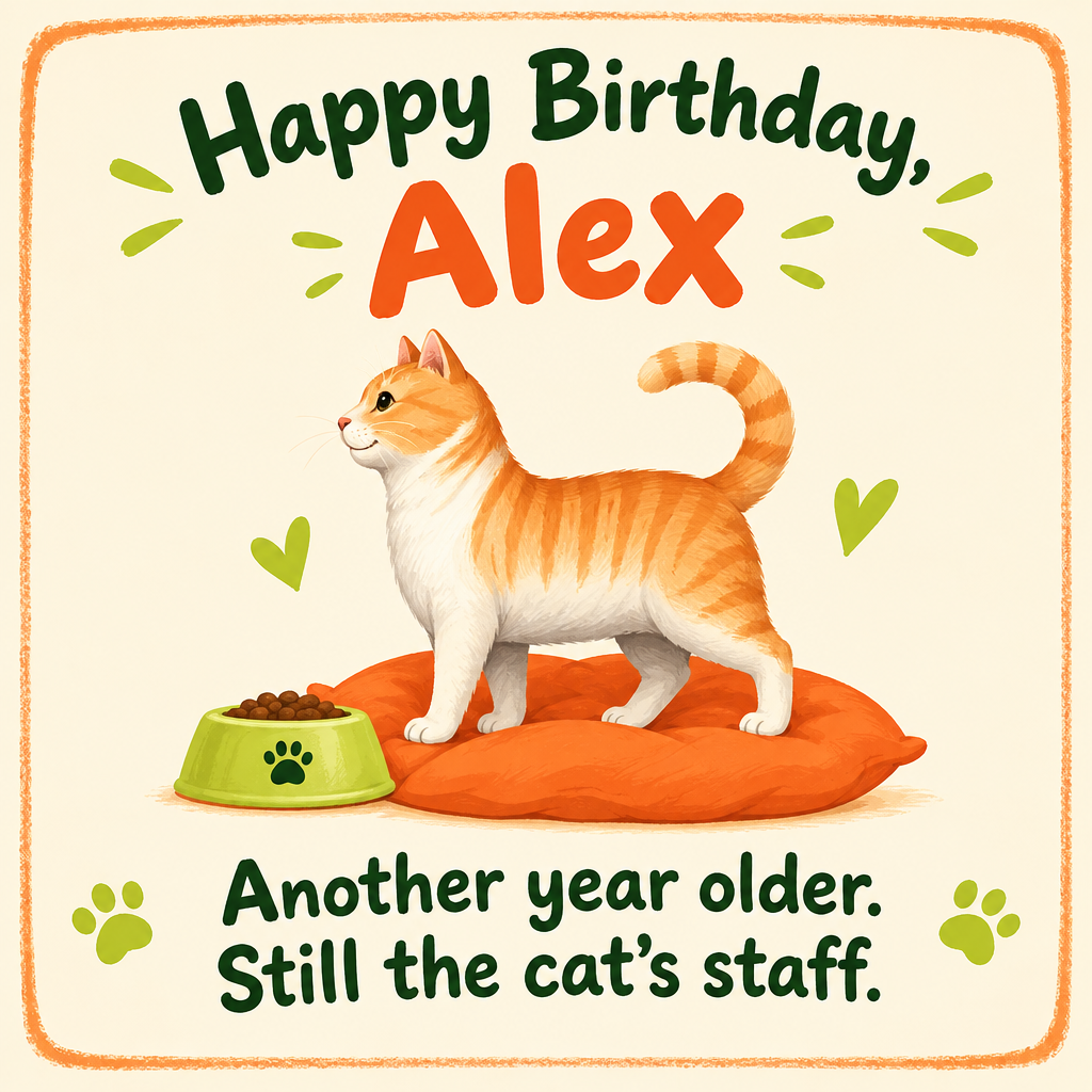 Example birthday artwork for Alex: an orange cat with the caption Another year older. Still the cat’s staff.